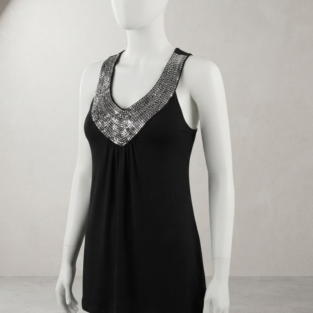 C. Oliver Vintage Y2K Sequin T-Back Tank Top Black Silver Medium 90s Party